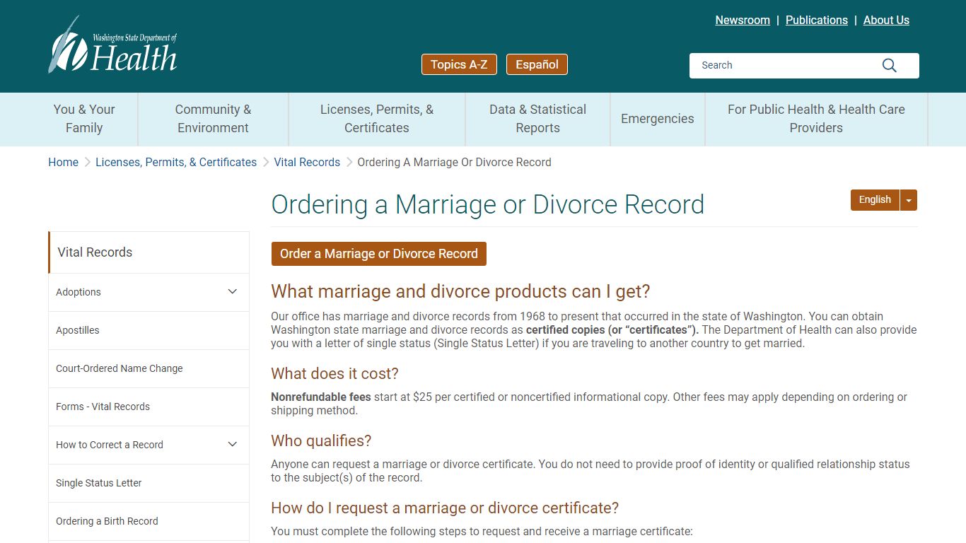 Ordering a Marriage or Divorce Record - Washington State Department of ...